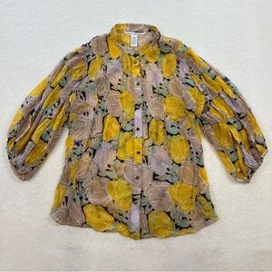 Diane von Furstenberg Floral Silk Bubble Sleeve Button Down Blouse Size 6